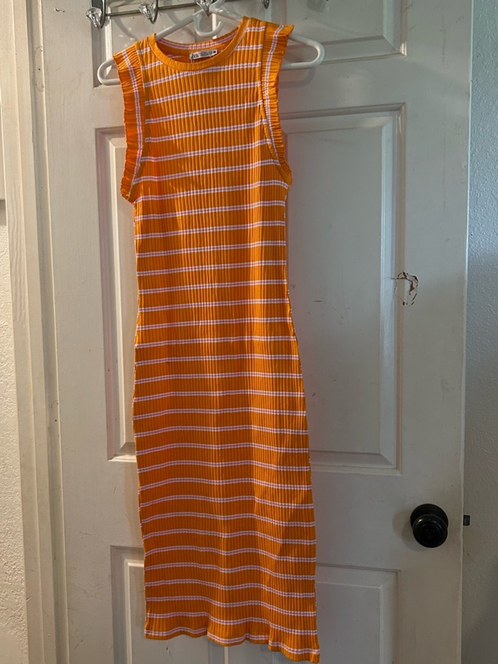Zara Orange and White Striped Ribbed Tank Dress